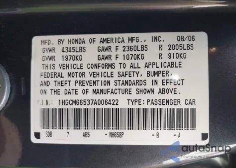 2007 Honda Accord Ex z USA, uszkodzony, nr VIN 1HGCM66537A006422